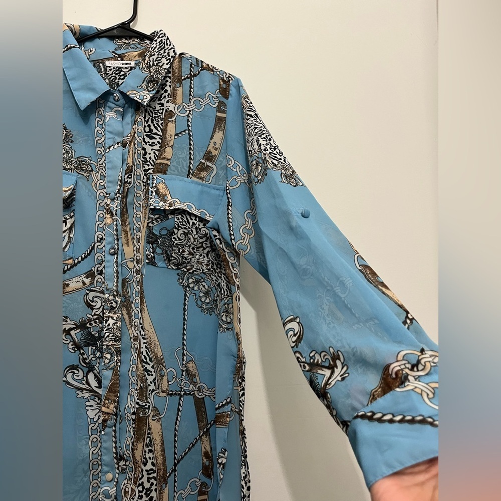 Fashion Nova Blue Chain Print Button Front Shirt Dress | Y2K - Picture 4 of 8